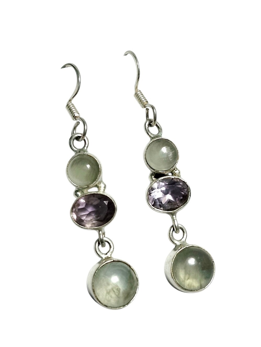 Silver Prehnite & Amethyst Drop Earrings 1.75"